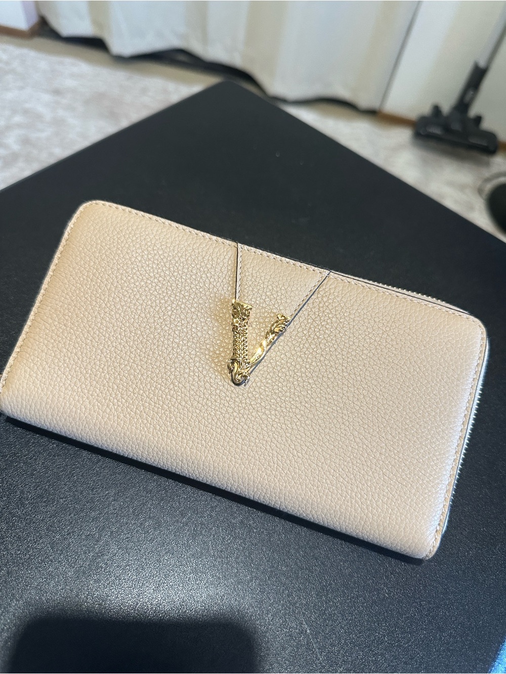 Versace Beige Pebbled Leather Zip Wallet with Gold Medusa Charm